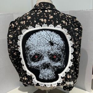 Upcycled Floral Skull Theme Crop Style Denim Jacket Sz L One Of A Kind OOAK